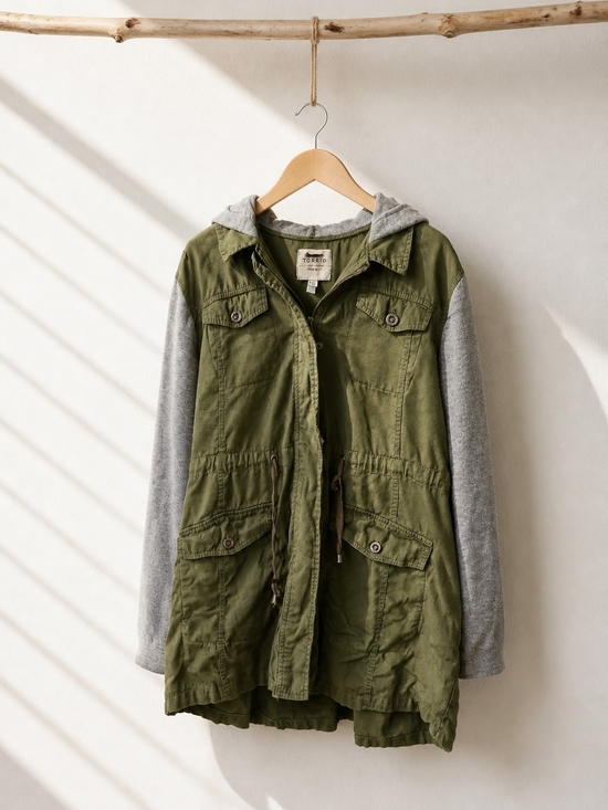 torrid Jackets & Blazers - torrid Olive Green Utility Jacket with Gray Hood & Sleeves